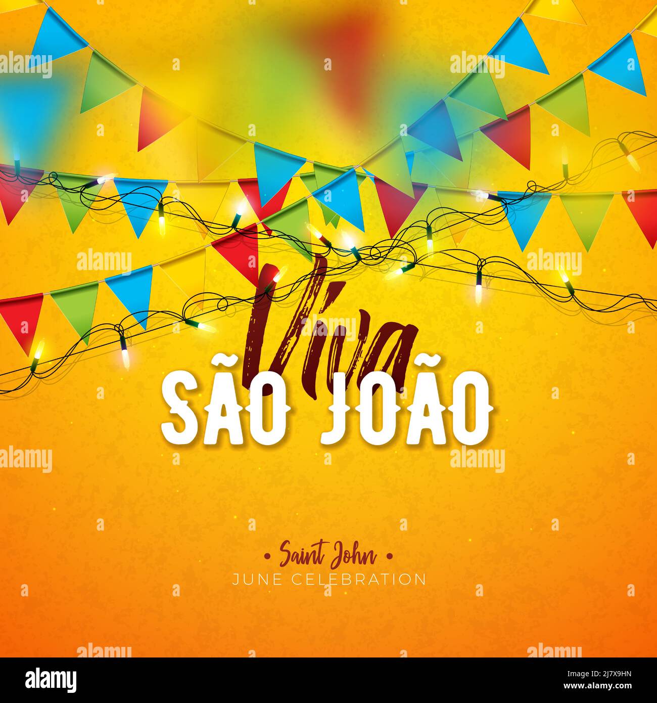 Festa Junina Illustration avec drapeaux de fête et lanterne en papier sur fond jaune. Vector Brésil juin Sao Joao Festival Design avec 3D lettrage pour Illustration de Vecteur