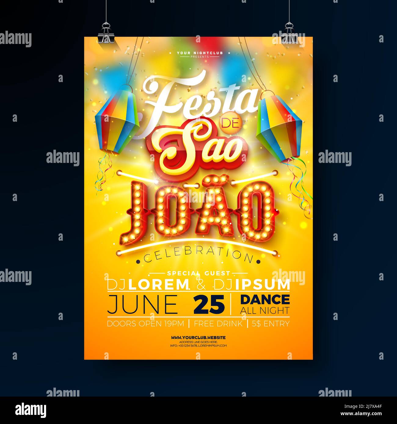 Festa Junina Party Flyer Illustration avec lanterne en papier et ampoule rétro Billboard sur fond jaune brillant.Vector Brésil juin Sao Joao Illustration de Vecteur