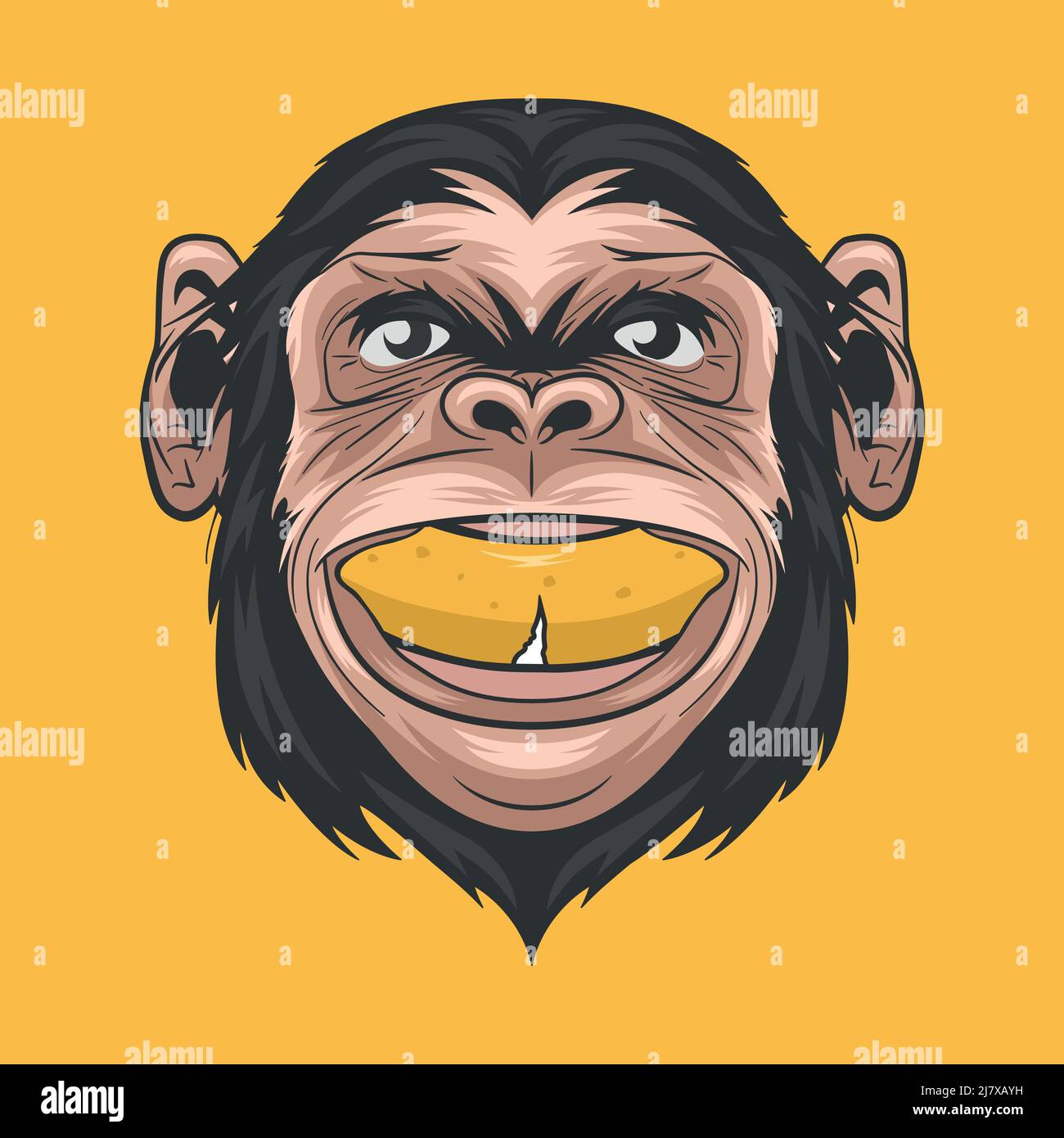 Vector dessiné à la main sourire Chimpanzee APE avec Banana dans sa bouche. Tête de singe drôle et abstraite colorée pour l'art mural, imprimé T-shirt, affiche. Dessin animé Illustration de Vecteur