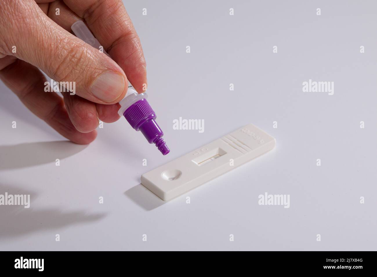 Gros plan sur la préparation de l'auto-test d'antigène ou du test rapide pour la détection Corona ou Covid-19 Banque D'Images