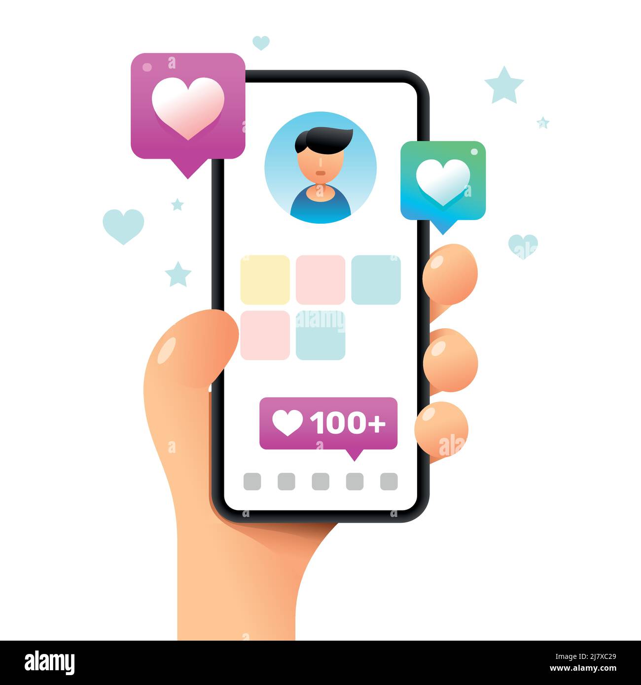 Une maquette de smartphone dans la main. Écran de profil avec beaucoup de goûts. Illustration vectorielle de réseaux sociaux colorés. Instagram, Whatsapp, Skype Illustration de Vecteur