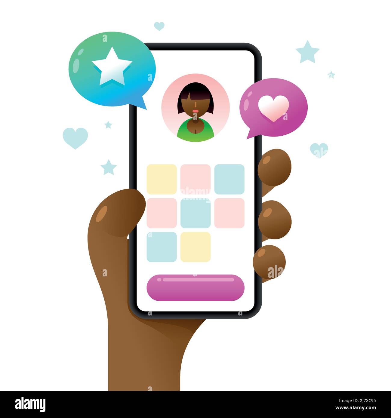 Une maquette de smartphone dans la main. Images et vidéos sur l'écran de profil. Illustration vectorielle de réseaux sociaux colorés. Instagram, Whatsapp, Skype Illustration de Vecteur