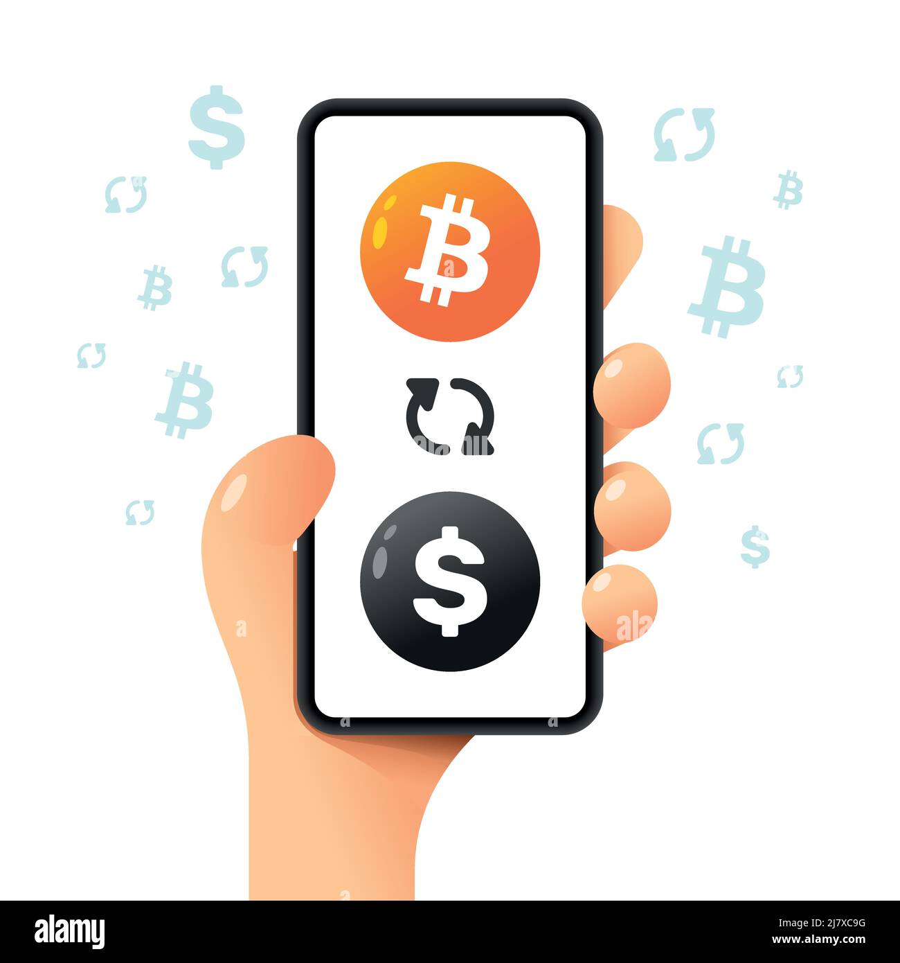 Une maquette de smartphone dans la main. Opération d'échange. Bitcoin et dollar. Illustration de crypto-monnaie vectorielle colorée Illustration de Vecteur