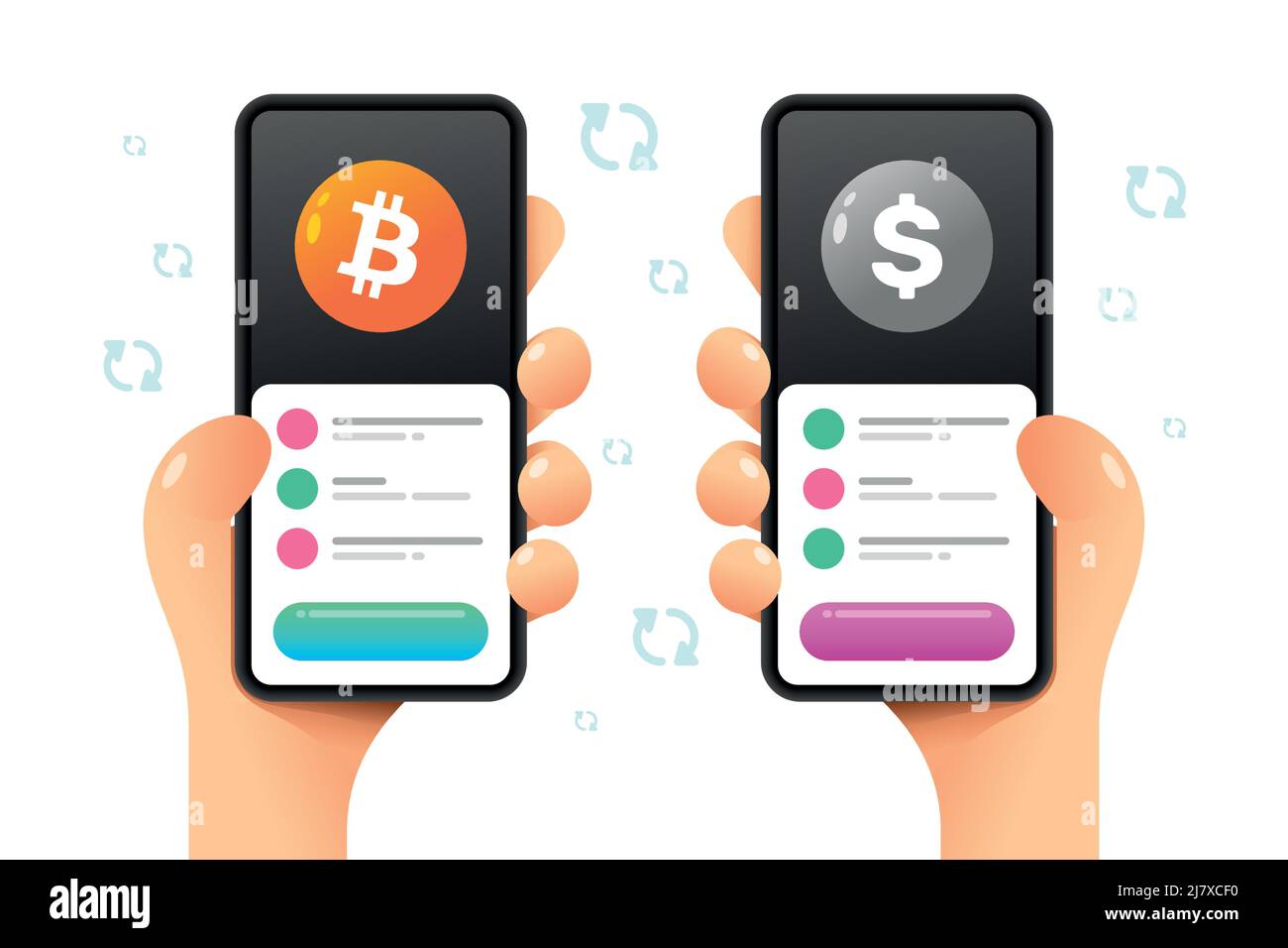 Une maquette de smartphone dans la main. Opération d'échange. Conversion en ligne de bitcoin et de dollar. Illustration de crypto-monnaie vectorielle colorée Illustration de Vecteur