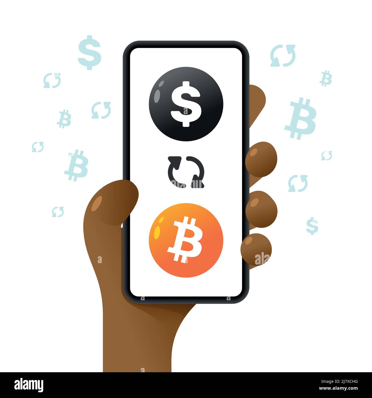 Une maquette de smartphone dans la main. Opération d'échange. Bitcoin et dollar. Illustration de crypto-monnaie vectorielle colorée Illustration de Vecteur