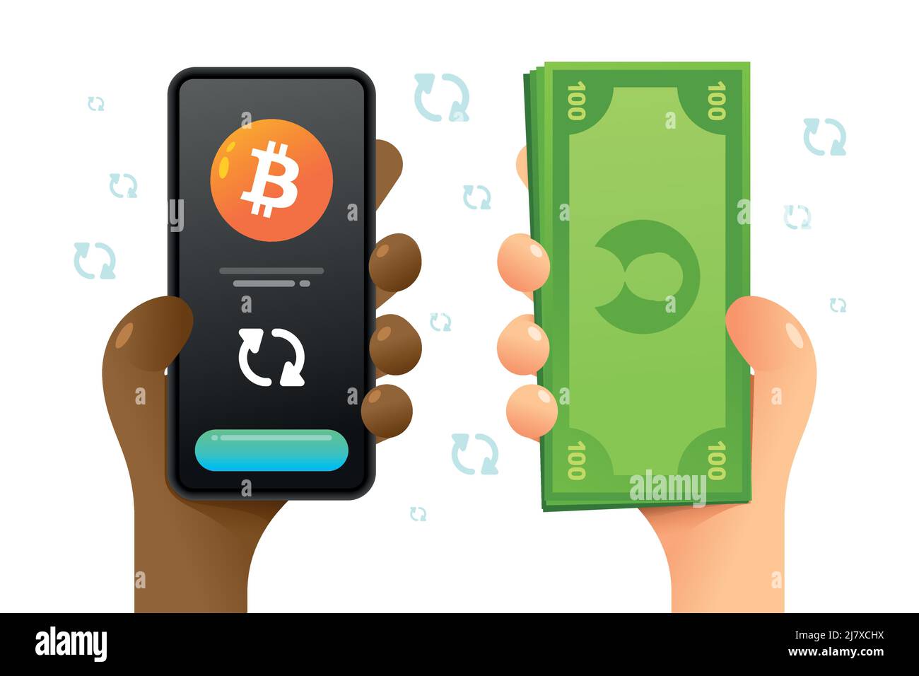 Une maquette de smartphone dans la main. Opération d'échange. Bitcoin et argent comptant. Illustration de crypto-monnaie vectorielle colorée Illustration de Vecteur