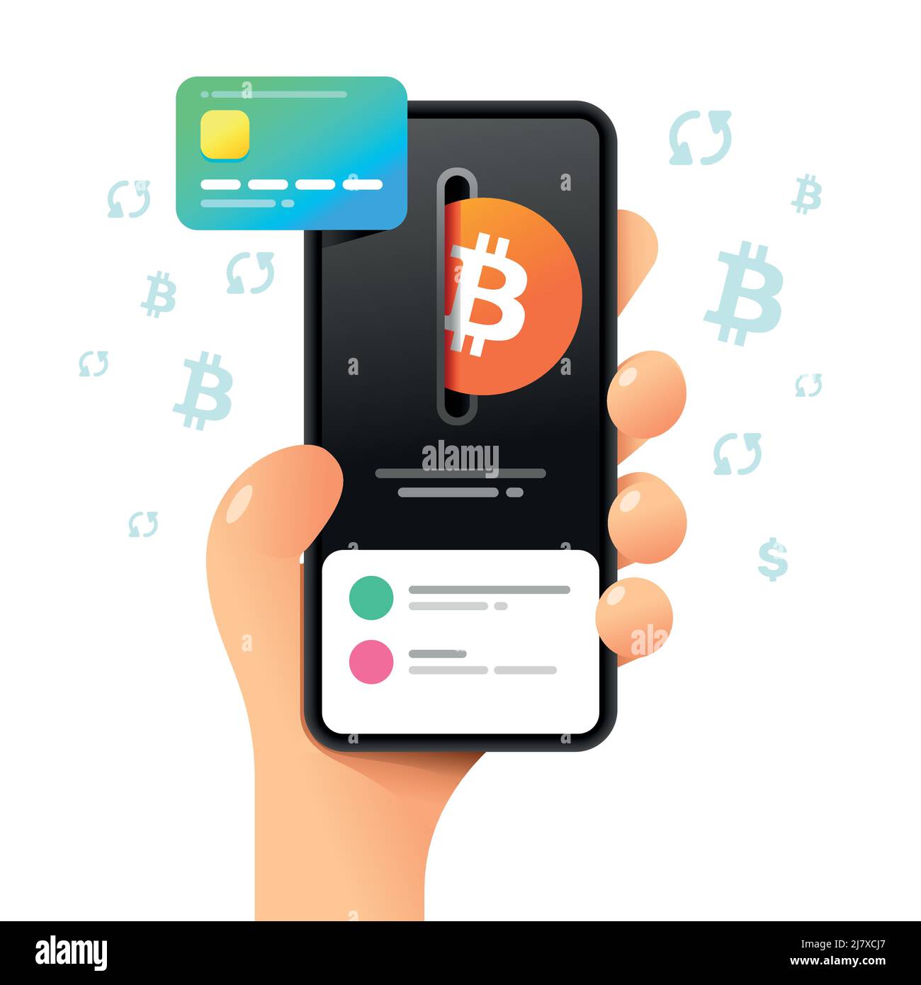 Une maquette de smartphone dans la main. Achat de bitcoin avec une carte de crédit. Illustration de crypto-monnaie vectorielle colorée Illustration de Vecteur