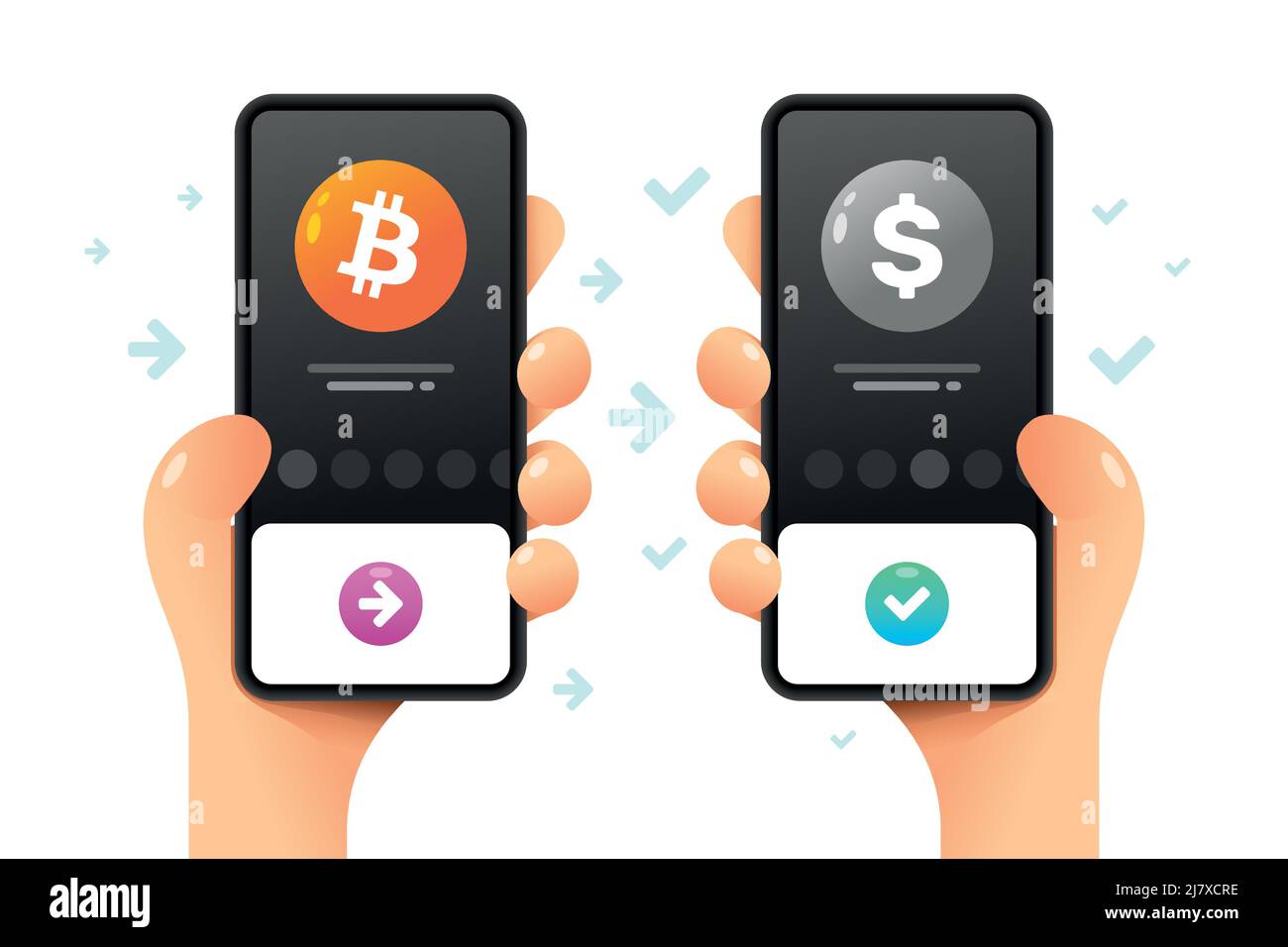 Une maquette de smartphone dans la main. Opération d'envoi et de conversion. Bitcoin et dollar. Illustration de crypto-monnaie vectorielle colorée Illustration de Vecteur