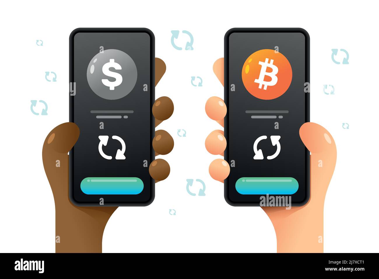Une maquette de smartphone dans la main. Opération de conversion. Bitcoin et dollar. Portefeuille Crypto. Illustration de crypto-monnaie vectorielle colorée Illustration de Vecteur