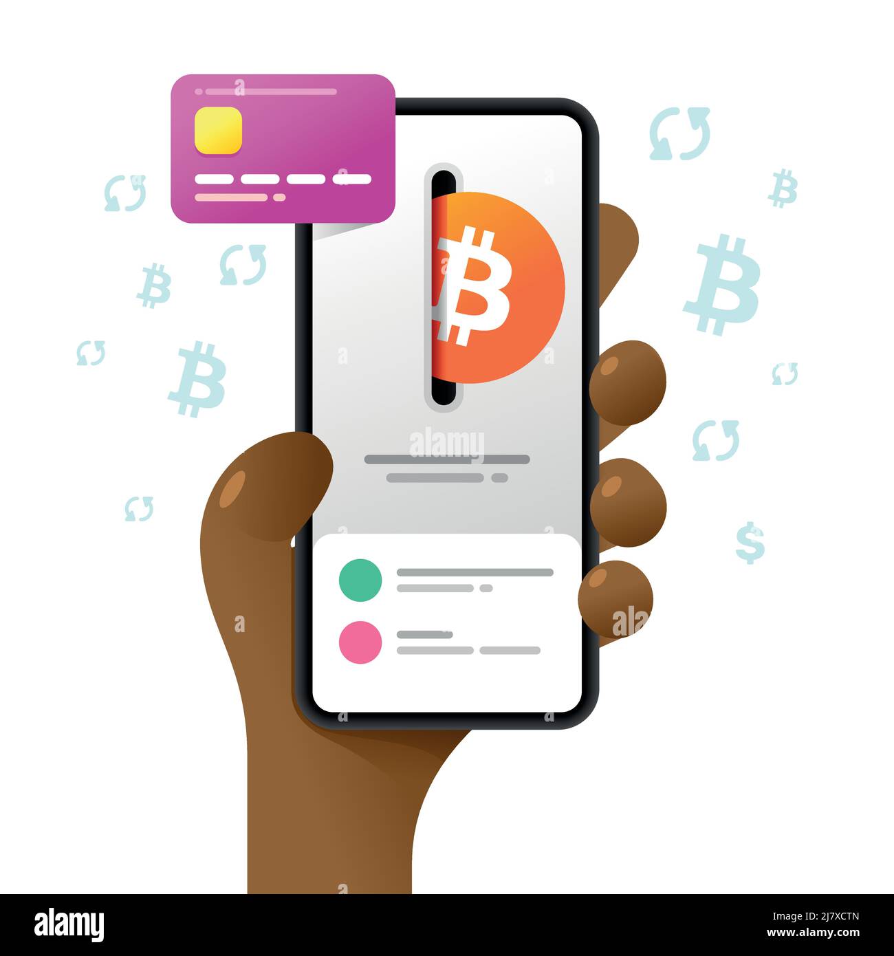 Une maquette de smartphone dans la main. Achat de bitcoin avec une carte de crédit. Illustration de crypto-monnaie vectorielle colorée Illustration de Vecteur