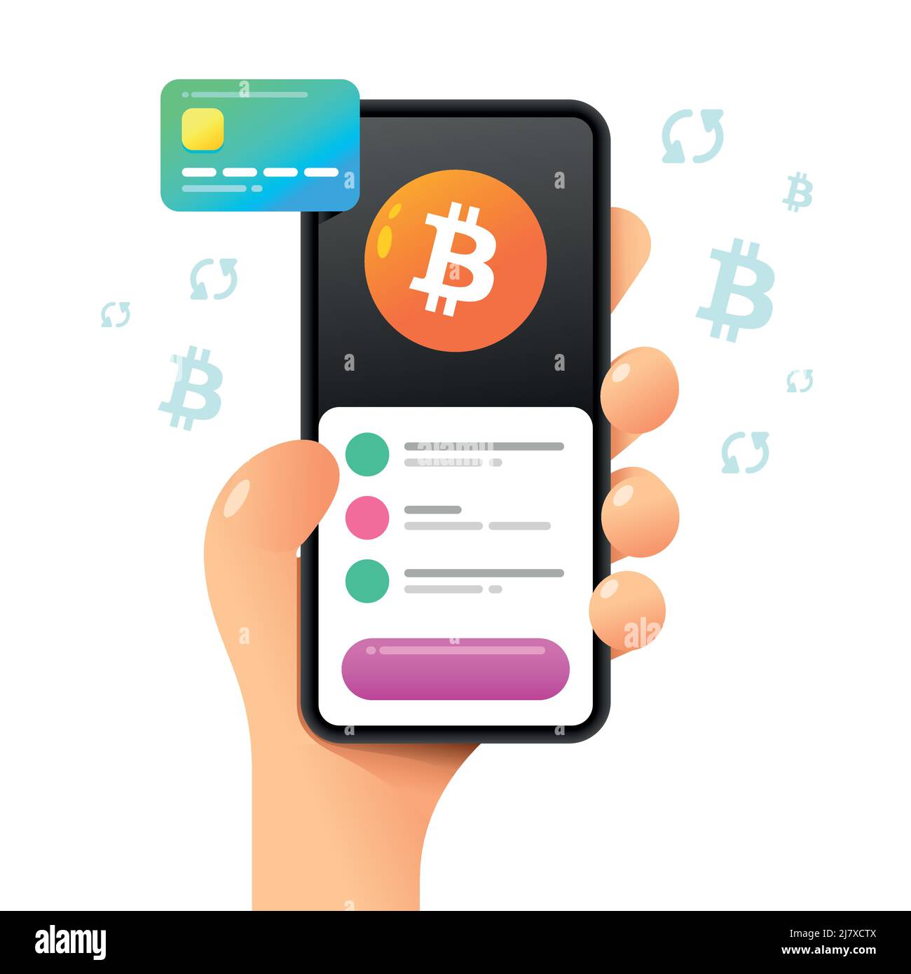 Une maquette de smartphone dans la main. Opération d'échange. Bitcoin et carte de crédit. Illustration de crypto-monnaie vectorielle colorée Illustration de Vecteur