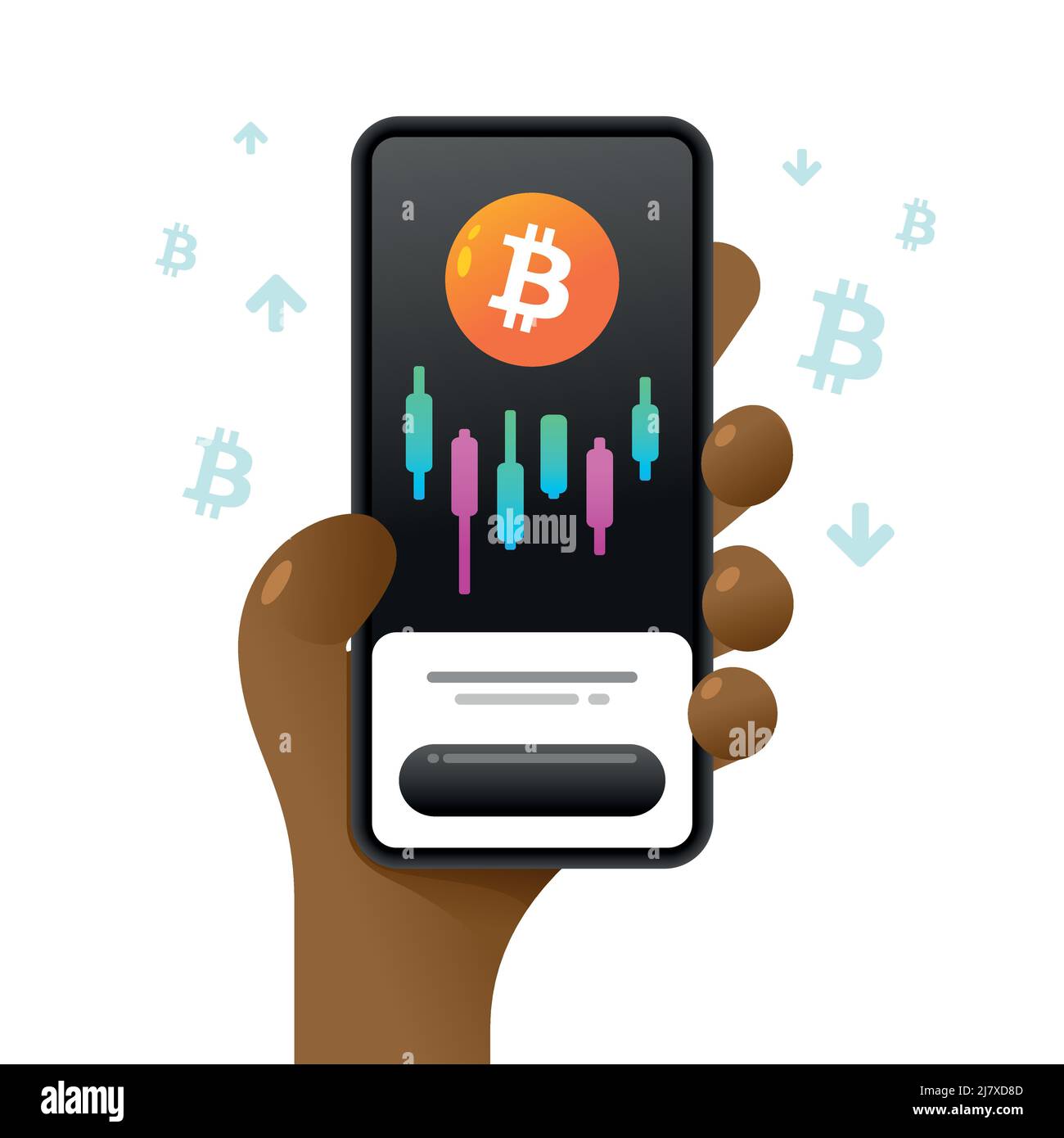 Une maquette de smartphone dans la main. Tableau des valeurs Bitcoin. Tendances du marché. Illustration de crypto-monnaie vectorielle colorée Illustration de Vecteur