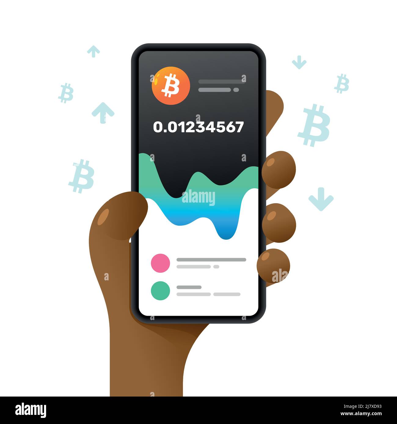 Une maquette de smartphone dans la main. Tableau des valeurs Bitcoin. Tendances du marché. Illustration de crypto-monnaie vectorielle colorée Illustration de Vecteur