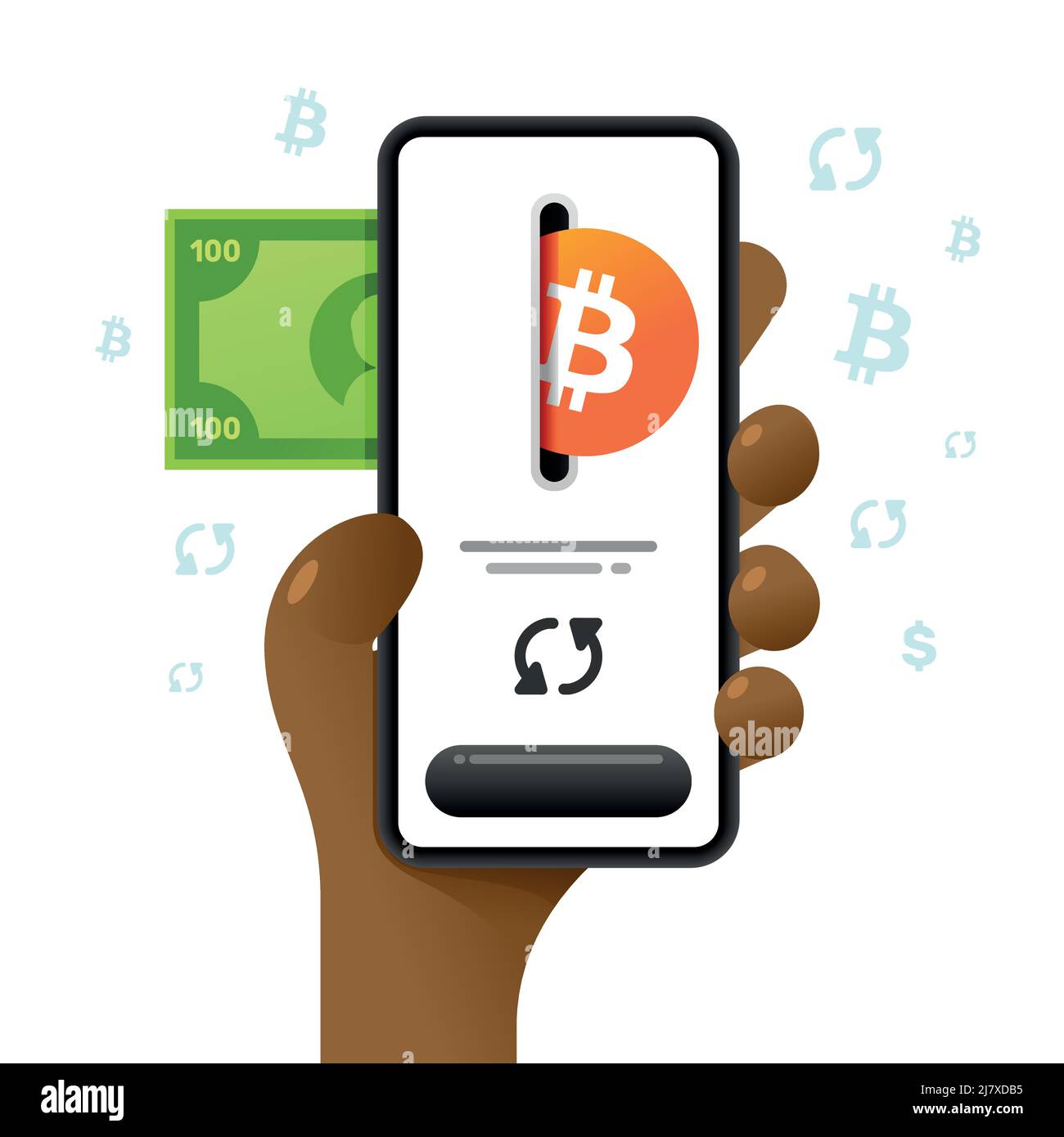 Une maquette de smartphone dans la main. Opération d'échange. Portefeuille Bitcoin et argent comptant. Illustration de crypto-monnaie vectorielle colorée Illustration de Vecteur