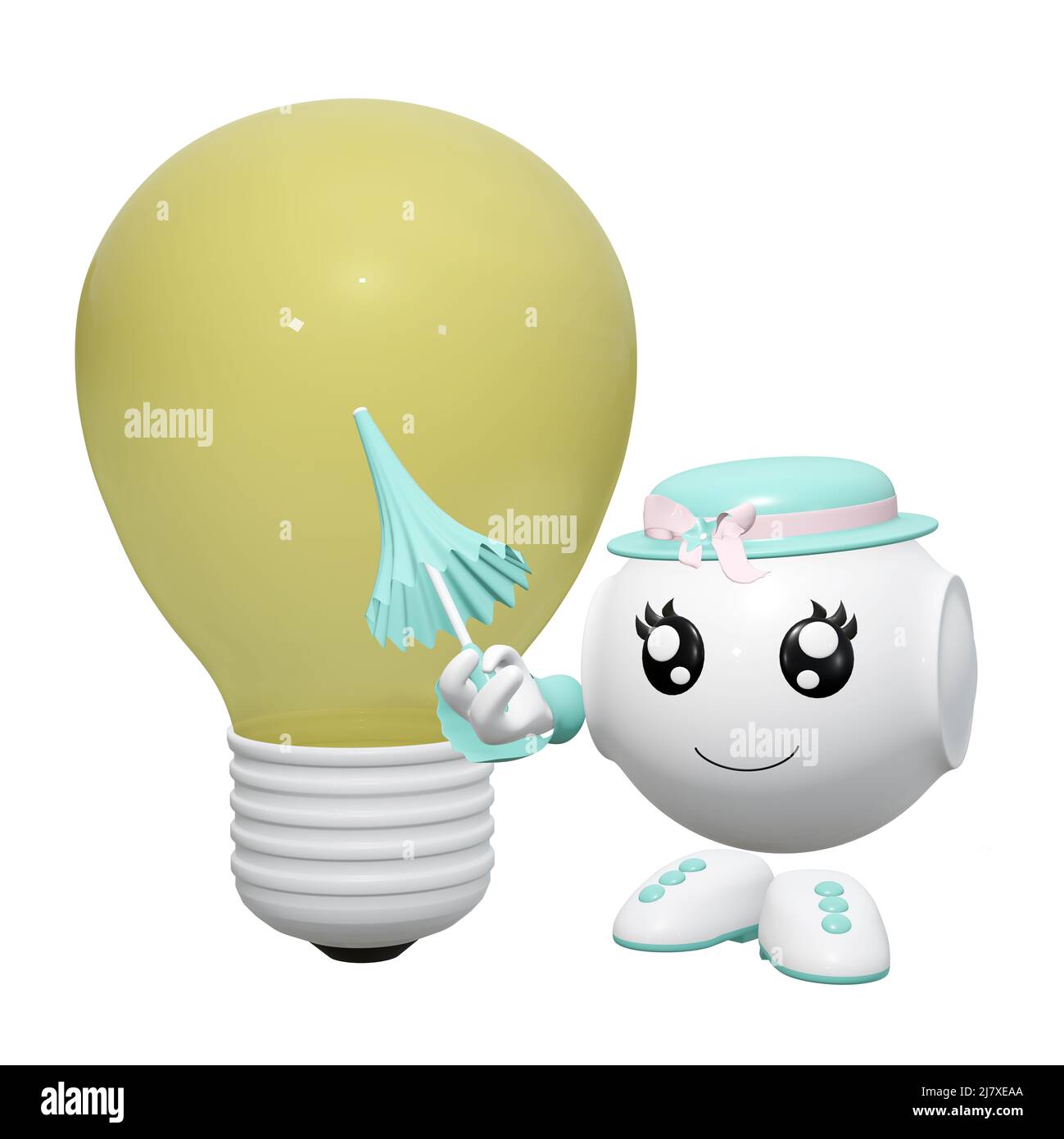 joli personnage de 3d pointant vers une ampoule avec un parapluie. 3d rendu Banque D'Images joli personnage de 3d pointant vers une ampoule avec un parapluie. 3d rendu Banque D'Images