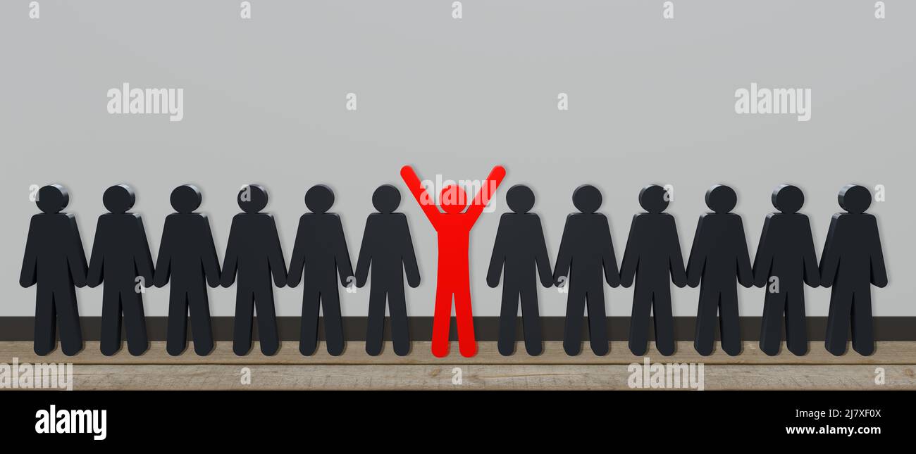 Rangée de personnes dont une personne se distingue en rouge. 3d rendu Banque D'Images