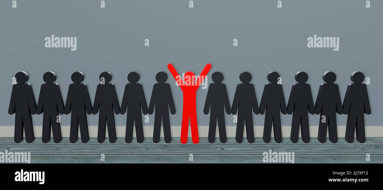 Rangée de personnes dont une personne se distingue en rouge. 3d rendu Banque D'Images