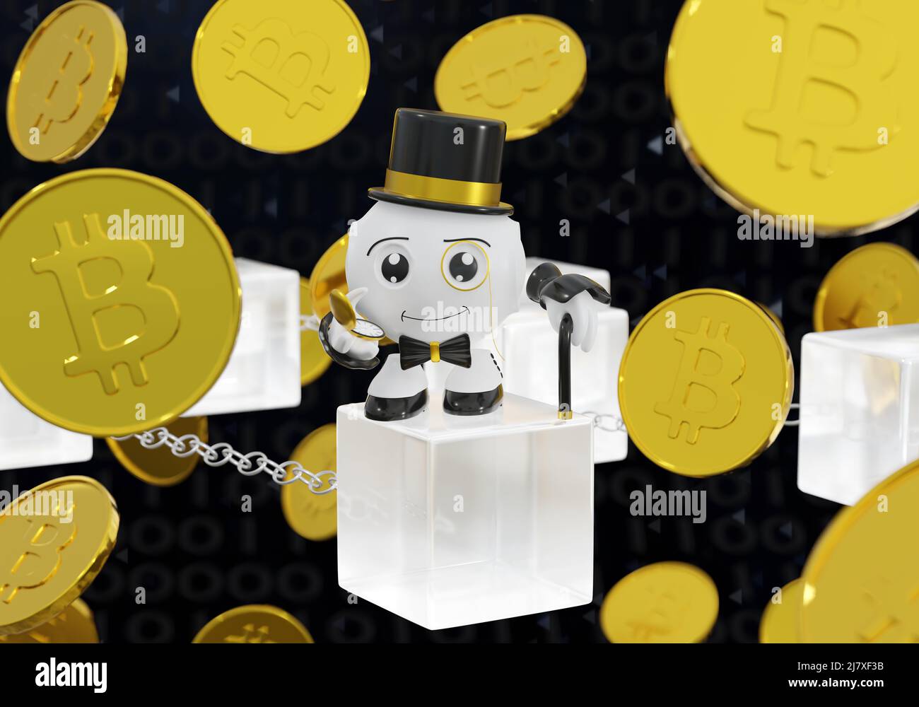 Personnage drôle, symbolique de l'homme riche, se tient sur une blockchain et des pièces de crypto volent autour de lui. 3d rendu Banque D'Images Personnage drôle, symbolique de l'homme riche, se tient sur une blockchain et des pièces de crypto volent autour de lui. 3d rendu Banque D'Images