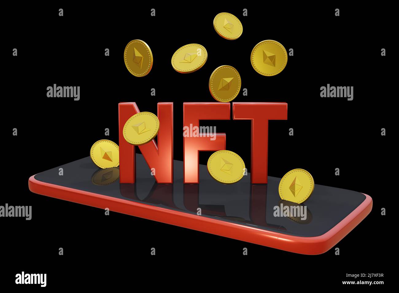 Lettrage NFT pour jeton non fongible avec pièces Ethereum.3d rendu Banque D'Images