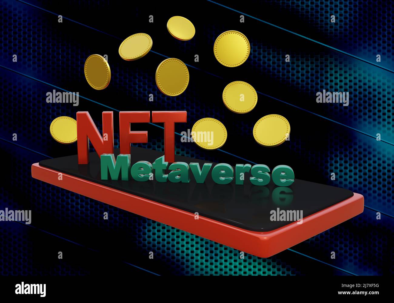 Lettrage NFT et Metaverse avec pièces vierges. 3d rendu Banque D'Images