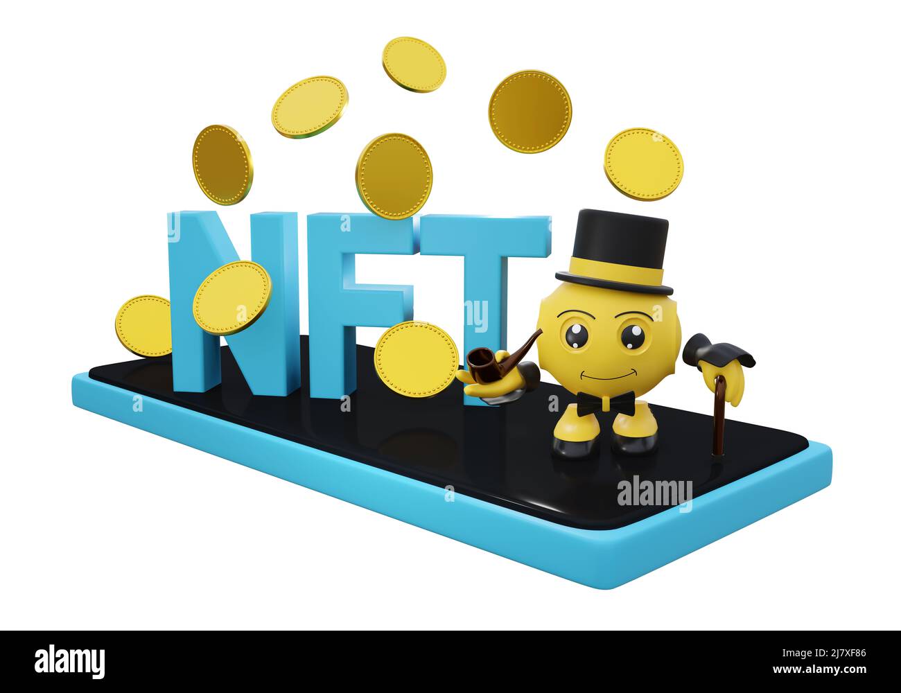 Lettrage NFT pour jeton non fongible avec pièces vierges et 3D caractères. 3d rendu Banque D'Images