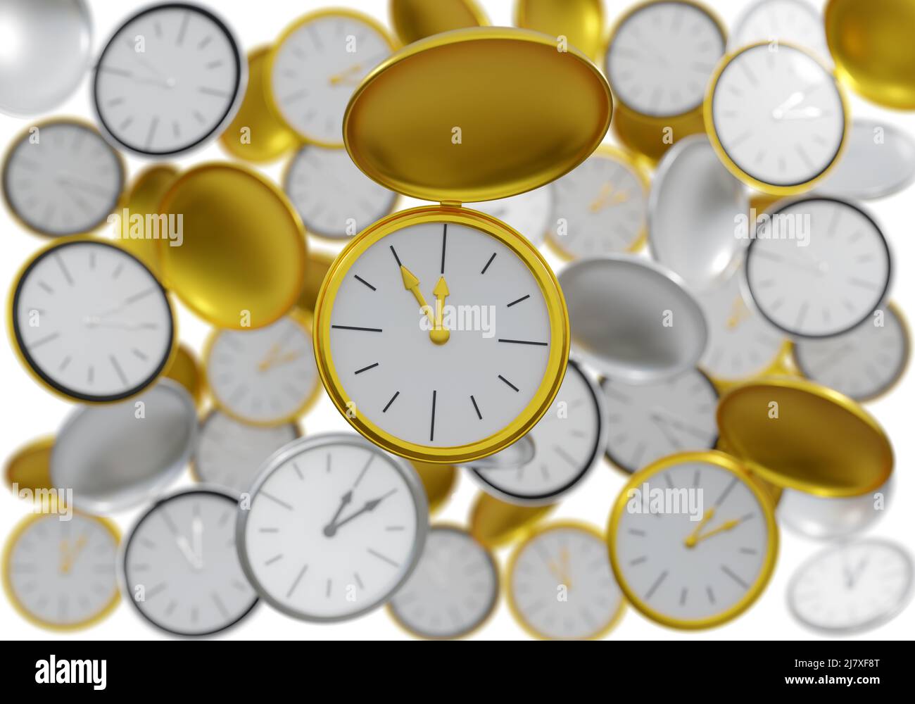 Thème temps: Montres d'or et d'argent. Une nette au premier plan avec le temps 11:55 et beaucoup de flous dans l'arrière-plan tout avec le temps 12:05. Banque D'Images Thème temps: Montres d'or et d'argent. Une nette au premier plan avec le temps 11:55 et beaucoup de flous dans l'arrière-plan tout avec le temps 12:05. Banque D'Images