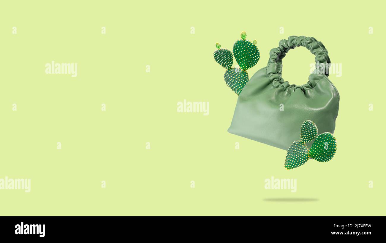 Sac vert pour femmes en cuir cactus flottant dans l'air. Sac au design moderne. Image conceptuelle de la production durable d'accessoires. ECO, végétalien Banque D'Images