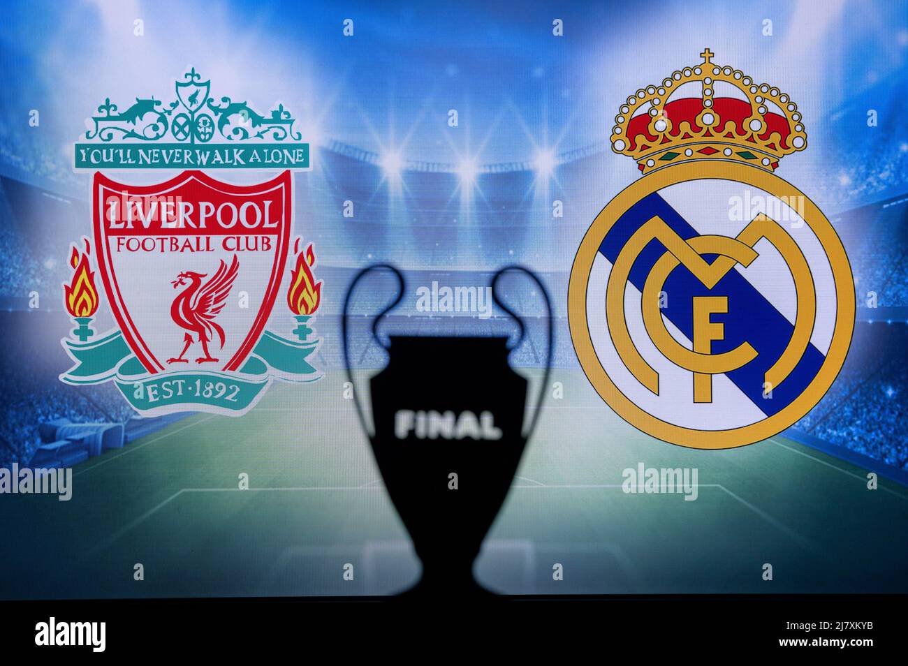 PARIS, FRANCE, MAI. 8. 2022: FC Liverpool (ENG) vs Real Madrid (ESP). Finale 2022 de l'UEFA Champions League à Paris, France, football, Black UCL tr Banque D'Images