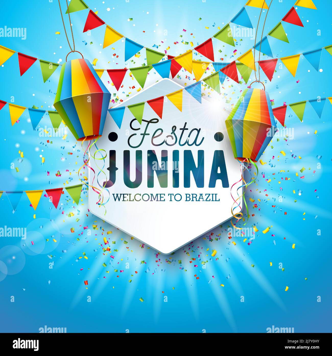 Festa Junina Illustration avec lanterne en papier et typographie lettrage sur fond bleu ciel nuageux. Vector Brésil juin Festival de Sao Joao Design pour Illustration de Vecteur