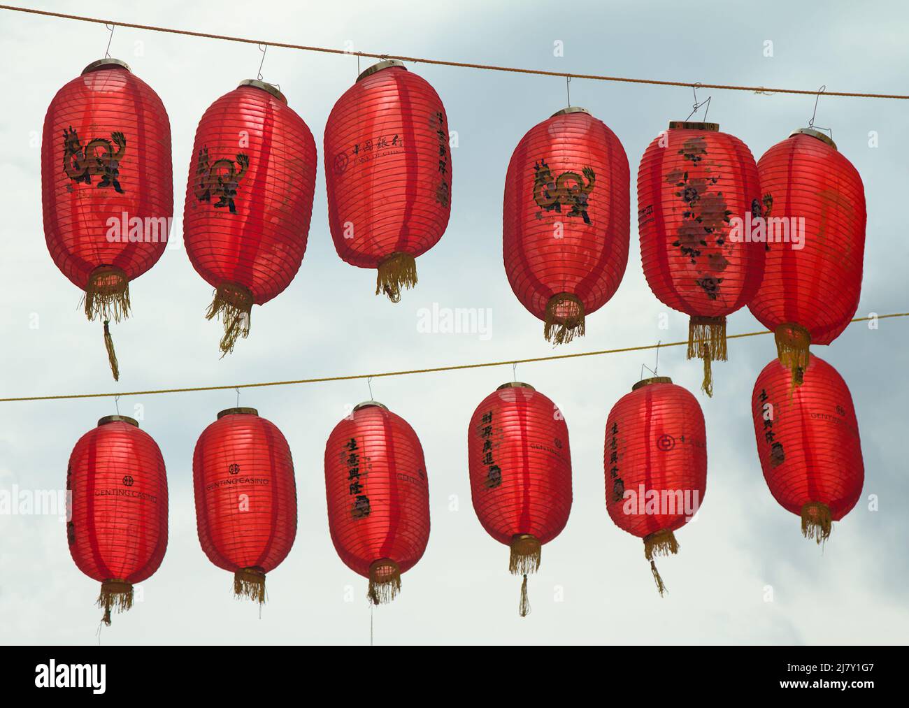 Lanternes en papier chinois rouge suspendues Backlit by the Sun, Chinatown, Londres, Royaume-Uni Banque D'Images