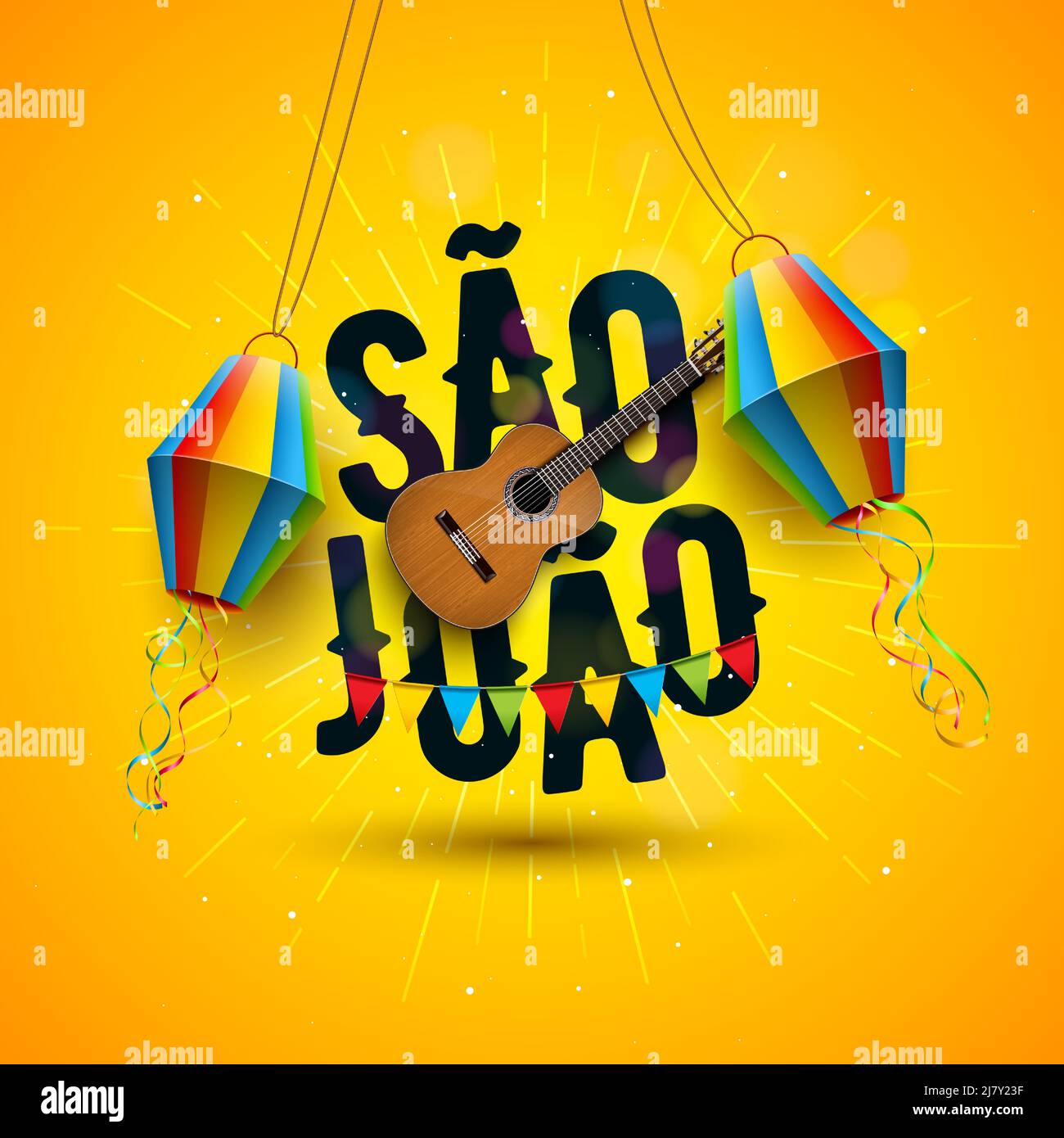 Festa Junina Illustration avec guitare acoustique, drapeaux de fête et lanterne en papier sur fond jaune. Vector Brésil juin Festival de Sao Joao Design pour Illustration de Vecteur