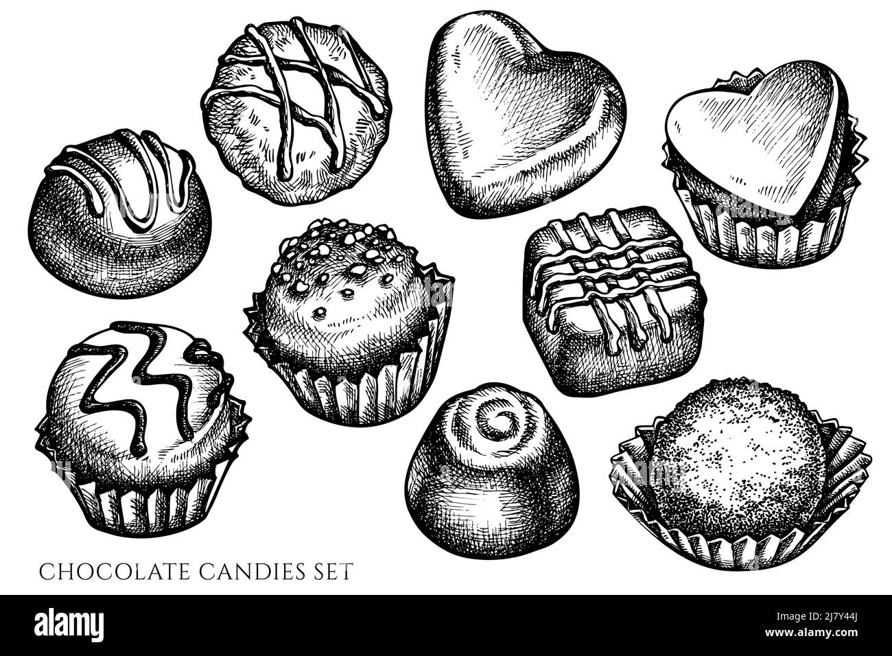 Ensemble vectoriel de bonbons au chocolat noir et blanc dessinés à la main Illustration de Vecteur