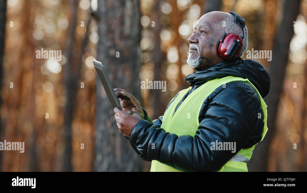 Un ingénieur forestier afro-américain âgé travaillant dans des casques isolants dans les forêts, un ancien contremaître forcontremaître mature, réfléchit au plan de travail pour couper les arbres Banque D'Images