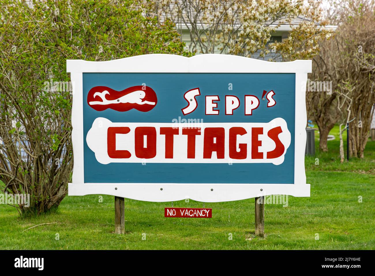Panneau pour Sepp's Cottage, Ditch Plains à Montauk Banque D'Images