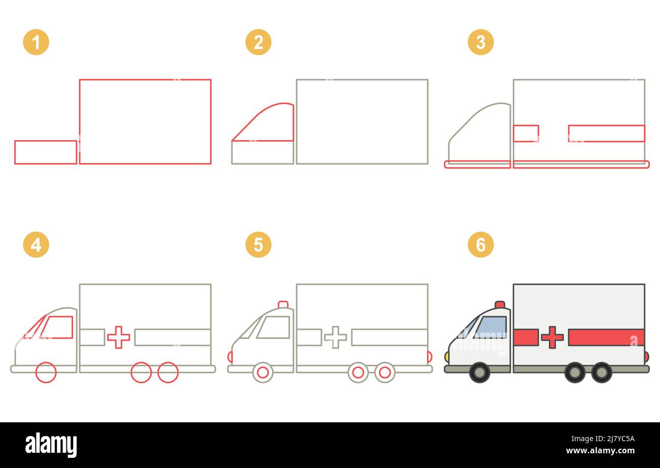 Instructions pour le dessin d'ambulance. Étape par étape. Illustration de Vecteur