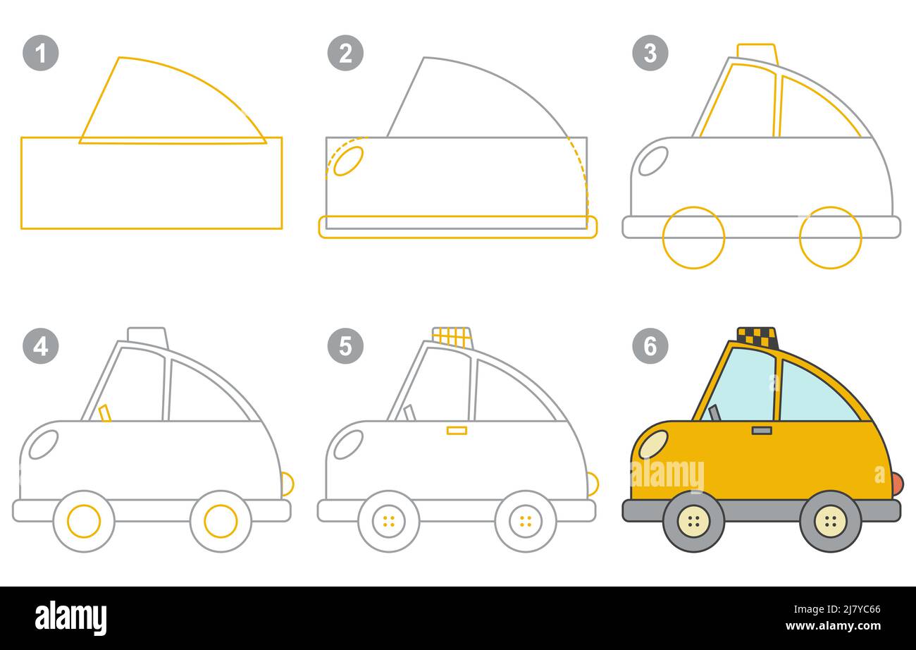 Instructions pour dessiner un taxi. Étape par étape. Illustration de Vecteur