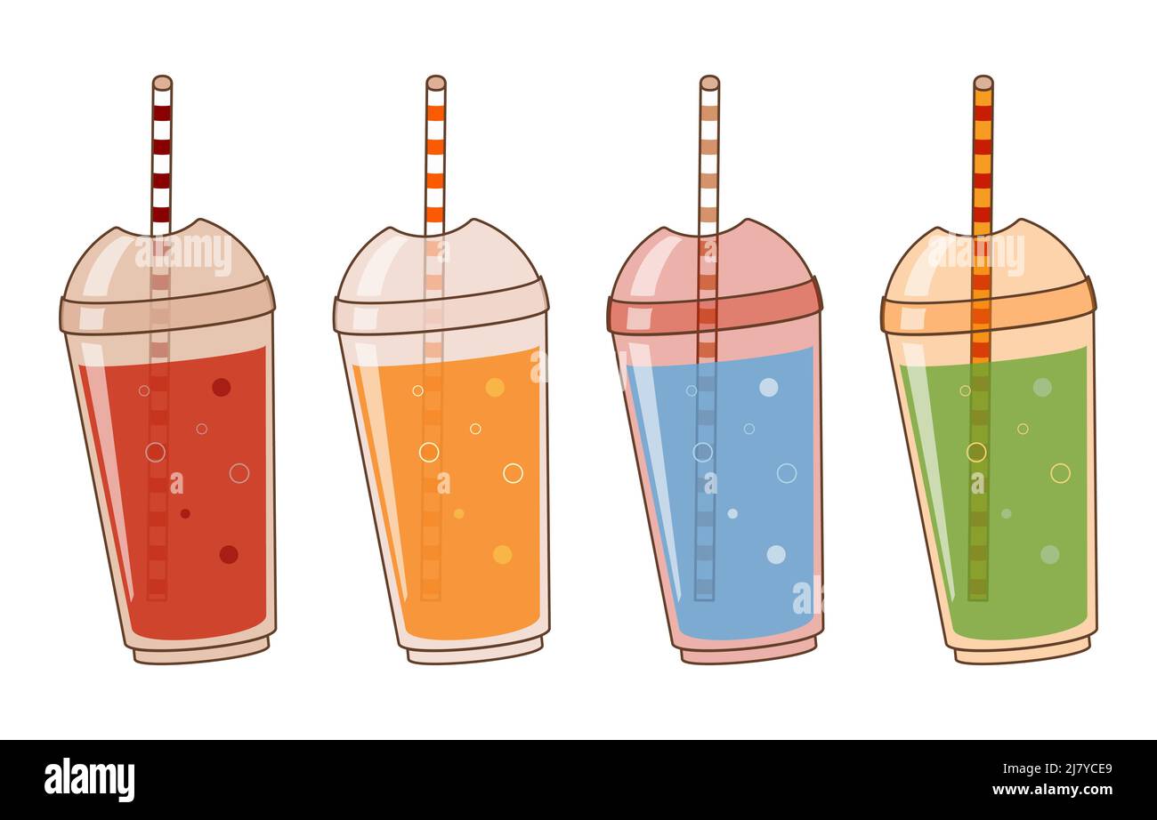 Cocktails de fruits dans des tasses en plastique avec tubes. Illustration de Vecteur