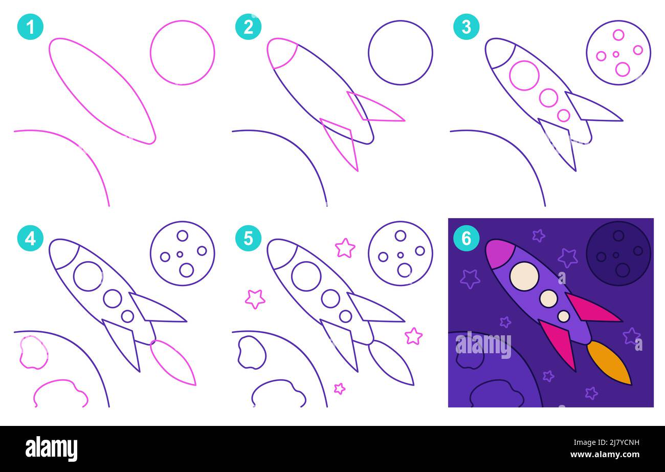 Instructions pour dessiner une fusée. Étape par étape. Illustration de Vecteur
