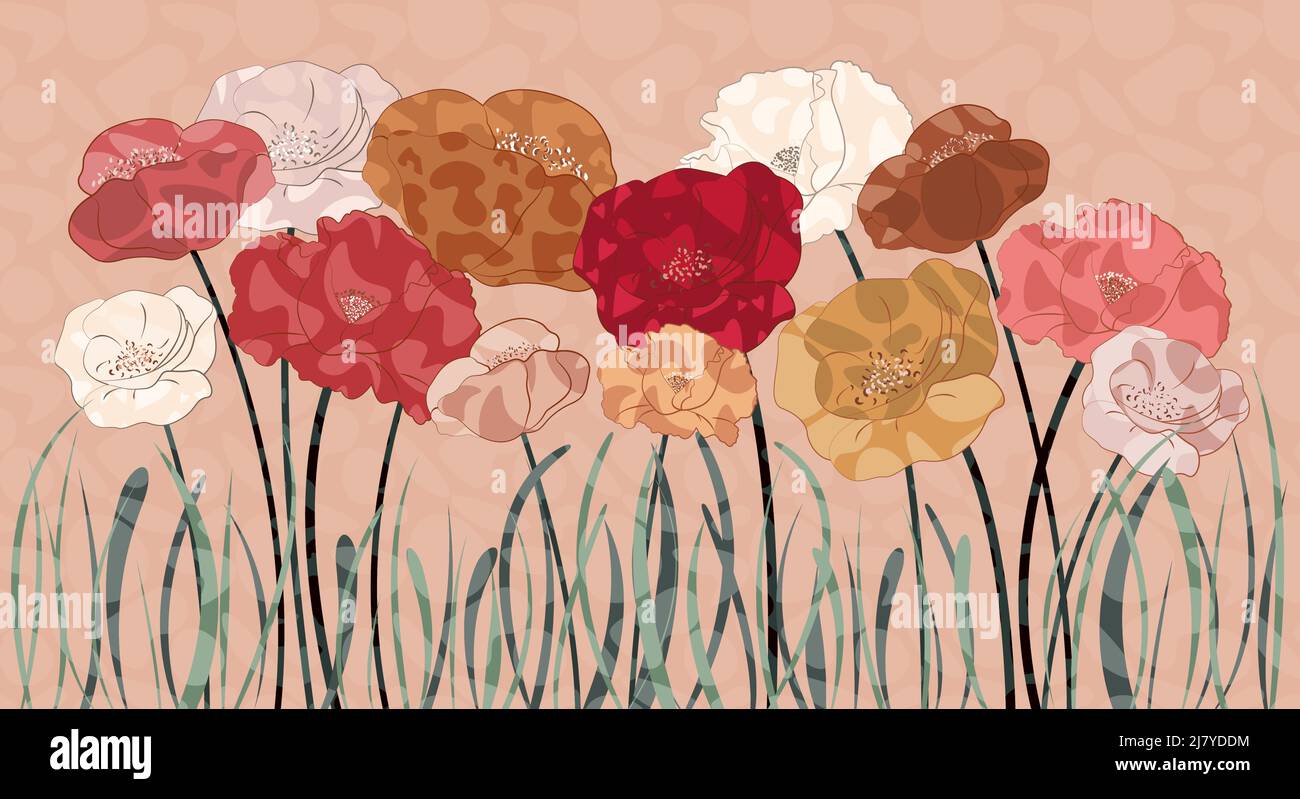 Magnifique papier peint fleuri avec différents coquelicots. Illustration de Vecteur