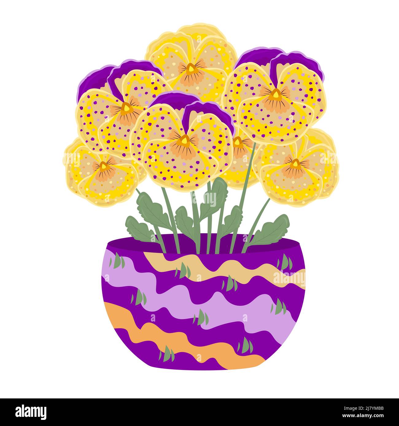 Sept pansies jaunes et violettes dans un vase, illustration colorée Illustration de Vecteur