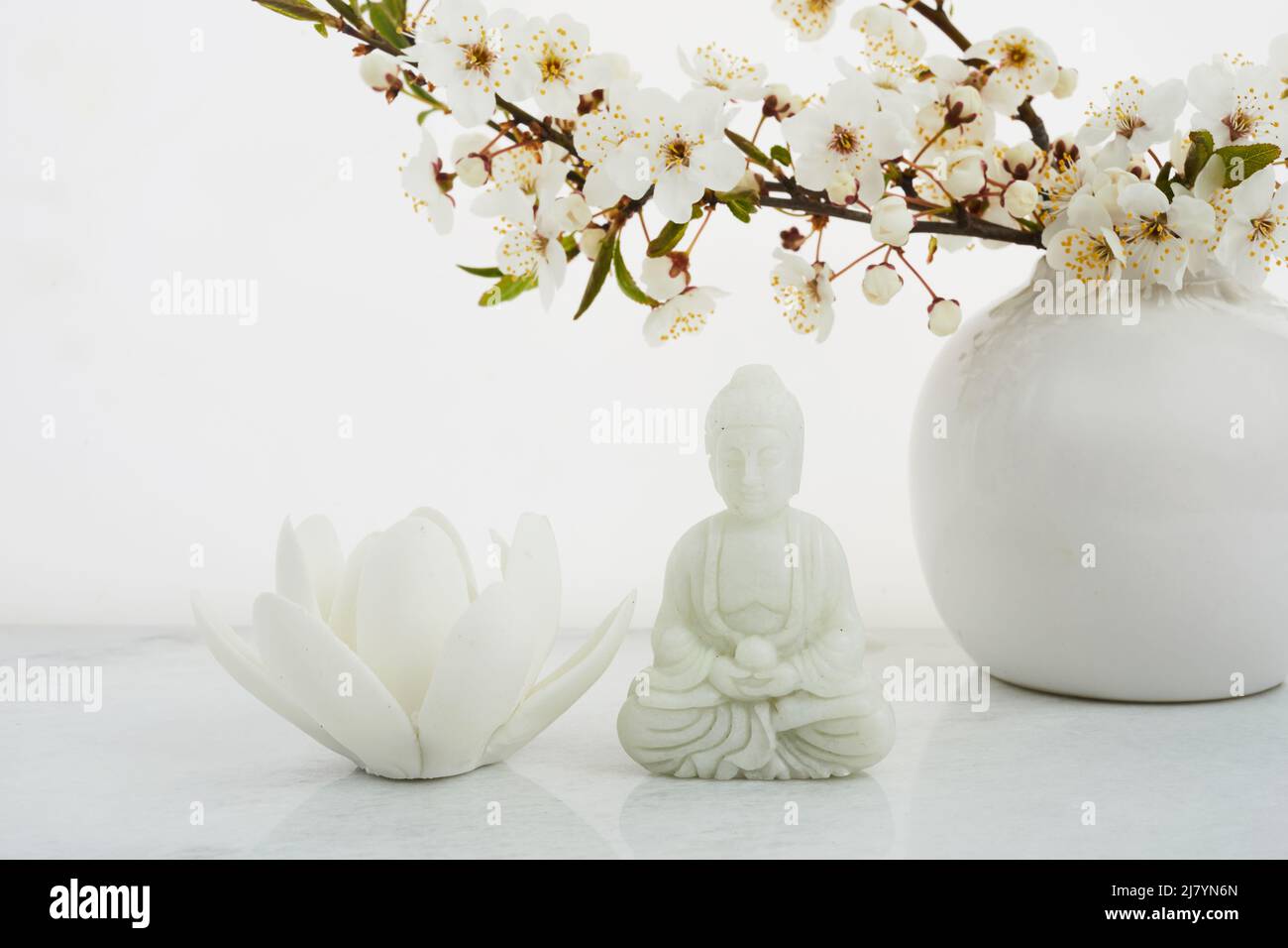 Vesak, Wesak, anniversaire de Bouddha. Statue de Bouddha avec cerisier fleuri sur fond blanc. Rituel spa. Santé mentale et méditation. Banque D'Images