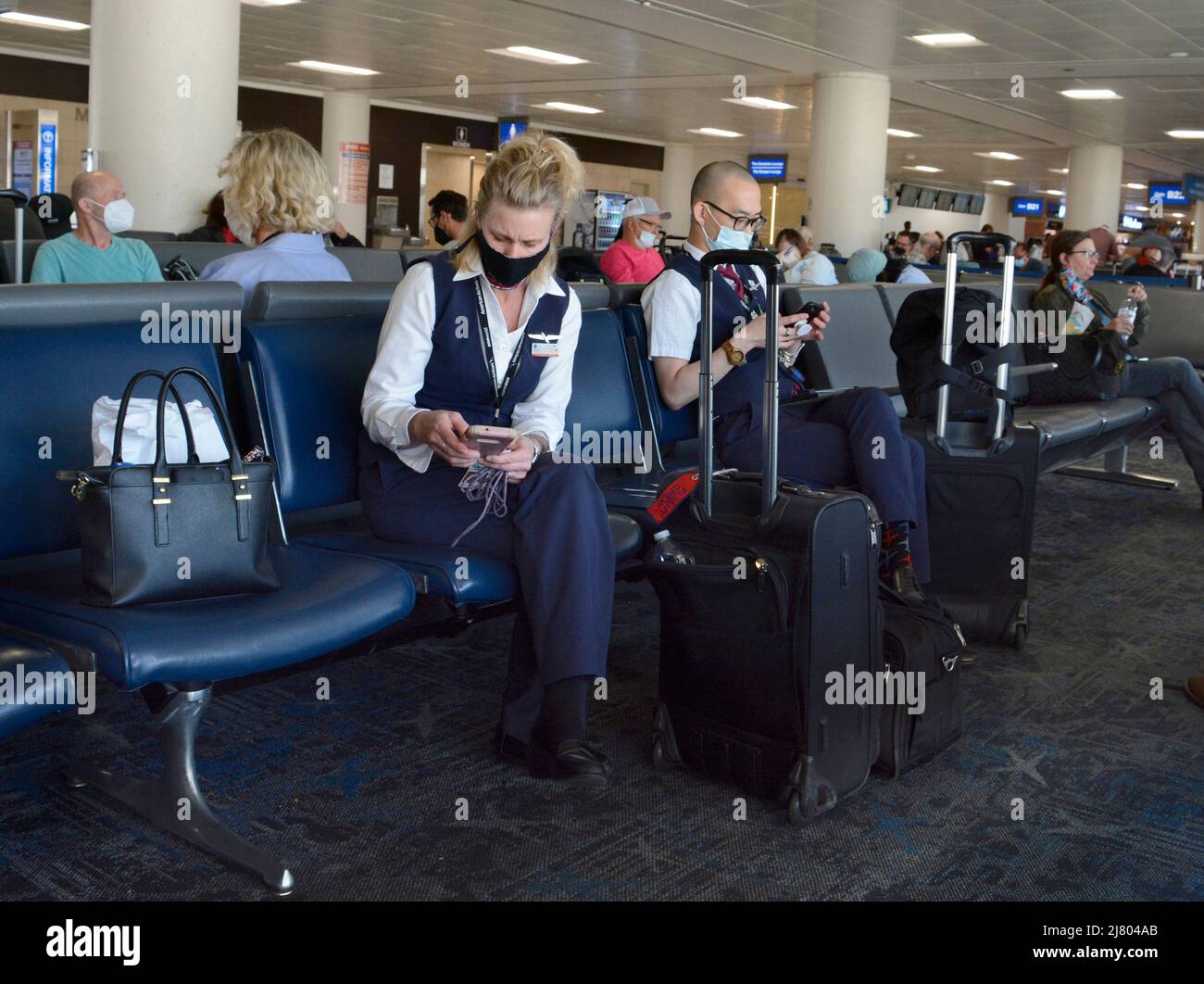 Les agents de bord d'American Airlines utilisent leur smartphone lorsqu'ils sont assis dans le terminal de l'aéroport international de Phoenix Sky Harbor à Phoenix, en Arizona. Banque D'Images