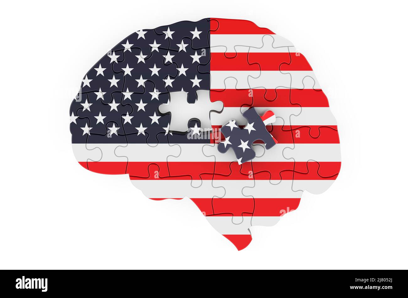Le drapeau des États-Unis peint sur le cerveau de puzzles. Recherche scientifique et éducation aux Etats-Unis concept, 3D rendu isolé sur le backgro blanc Banque D'Images