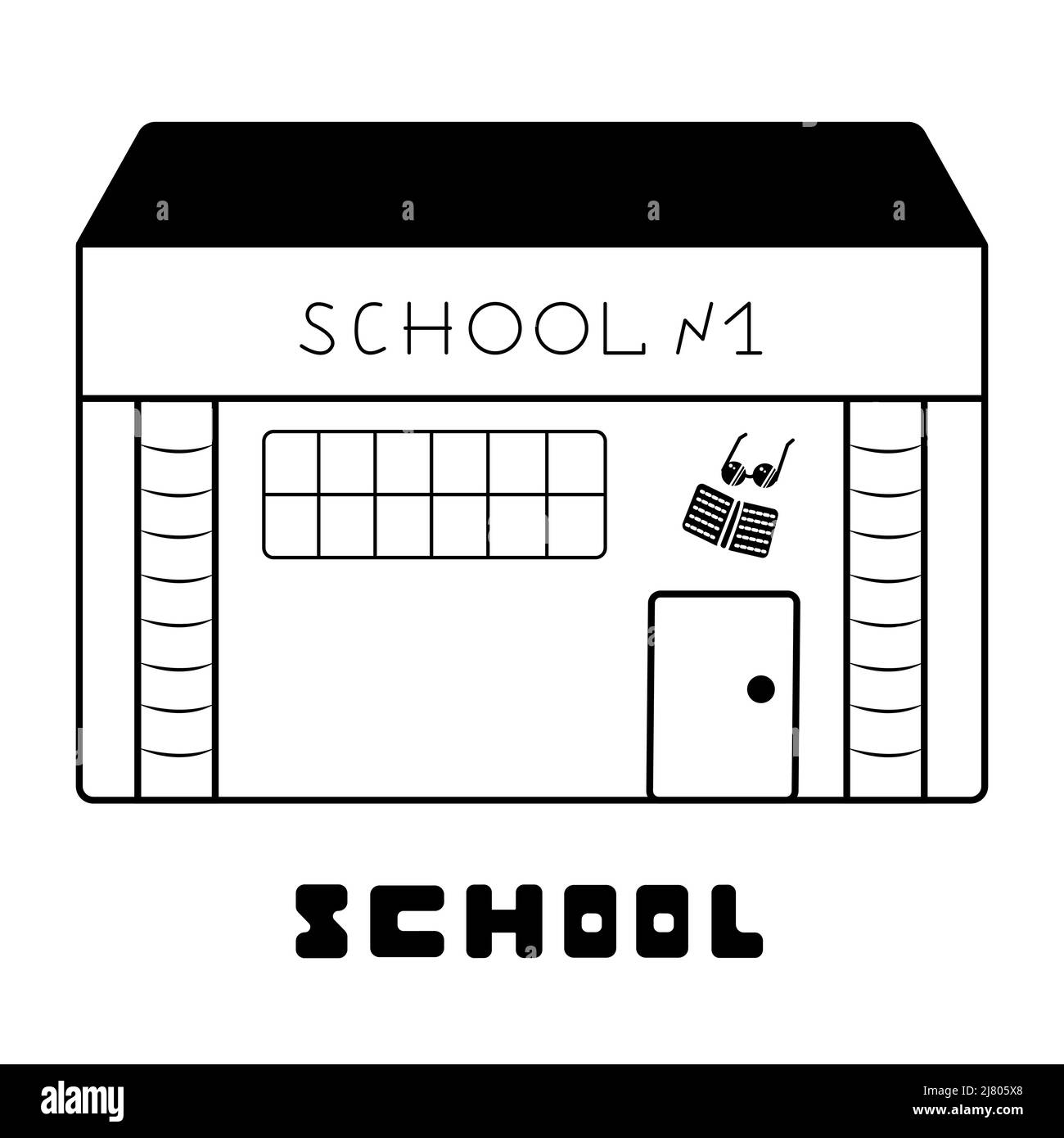 Bâtiment de l'école, illustration en noir et blanc Illustration de Vecteur