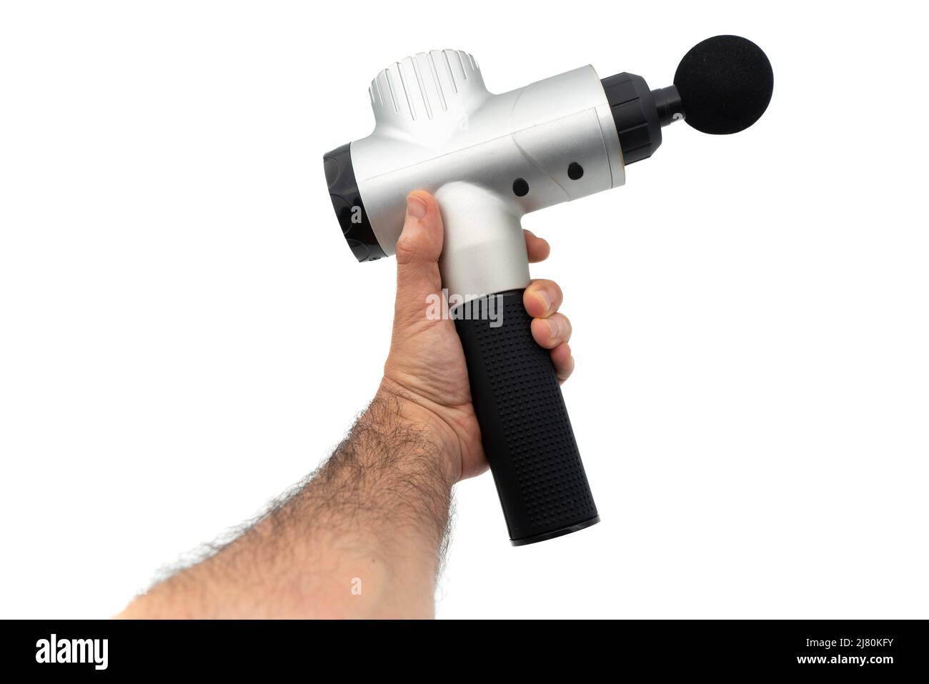 Personne tenant un pistolet de massage isolé sur fond blanc Banque D'Images