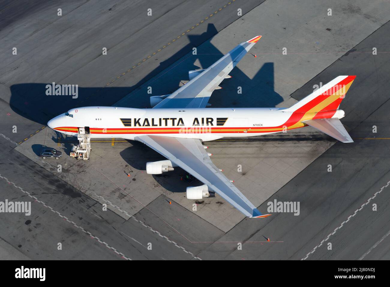 Kalitta Air Boeing 747 avions de transport garés. Grand avion 747-400F d'en haut. Plan 747F de Kalitta Air. Banque D'Images