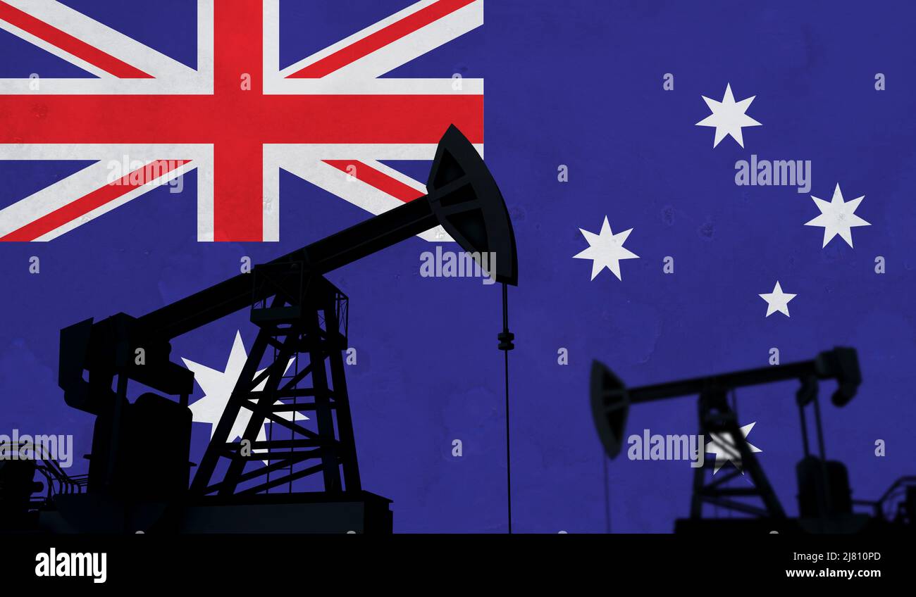 Contexte de l'industrie du pétrole et du gaz. Silhouette de la pompe à huile contre un drapeau australien. 3D rendu Banque D'Images
