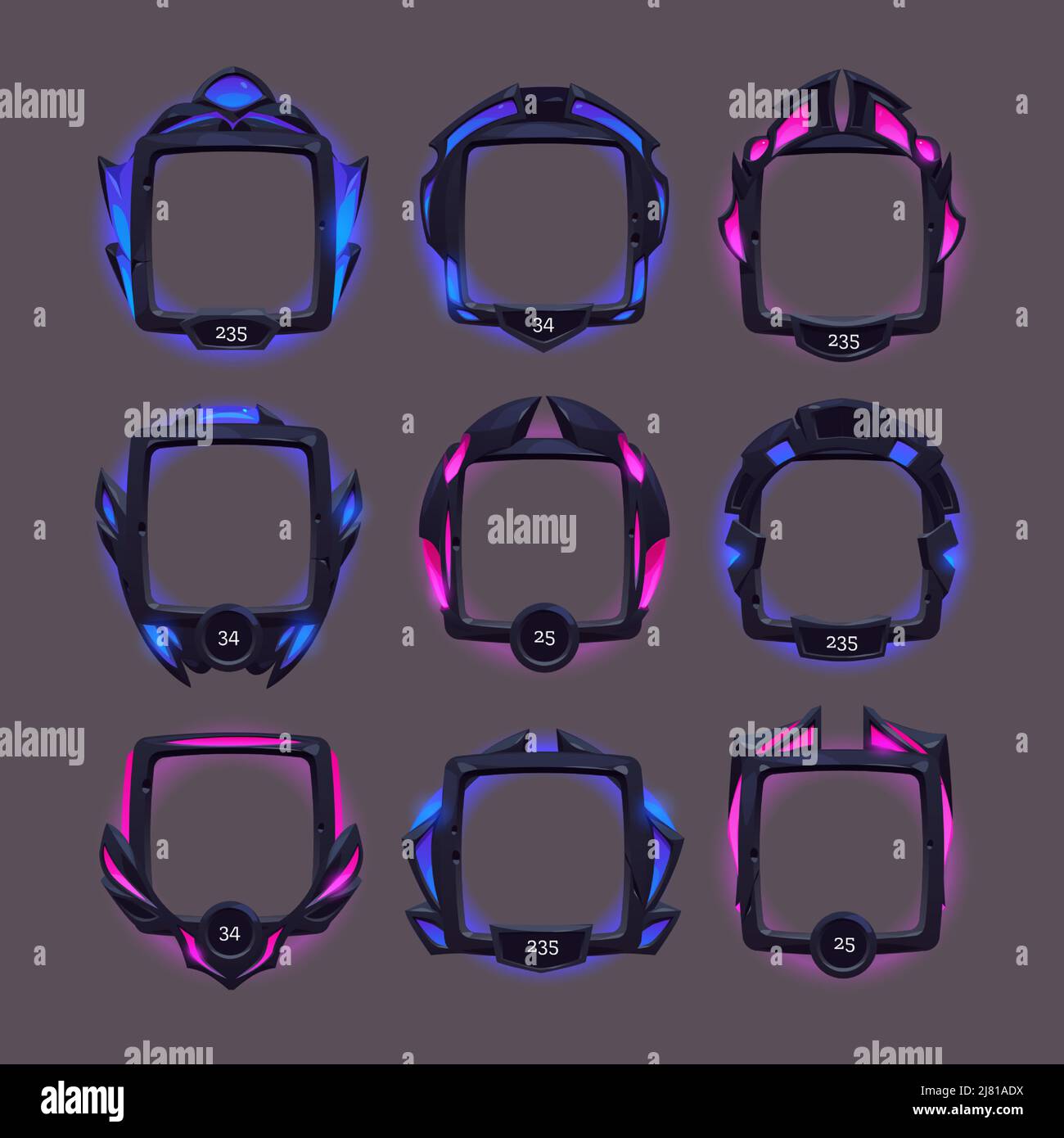 Cadres futuristes de bordure en métal noir pour avatar dans l'interface de jeu avec niveau ou grade. Ensemble de dessins animés vectoriels d'éléments graphiques de style science-fiction, cadres vides avec éclat bleu et rose Illustration de Vecteur