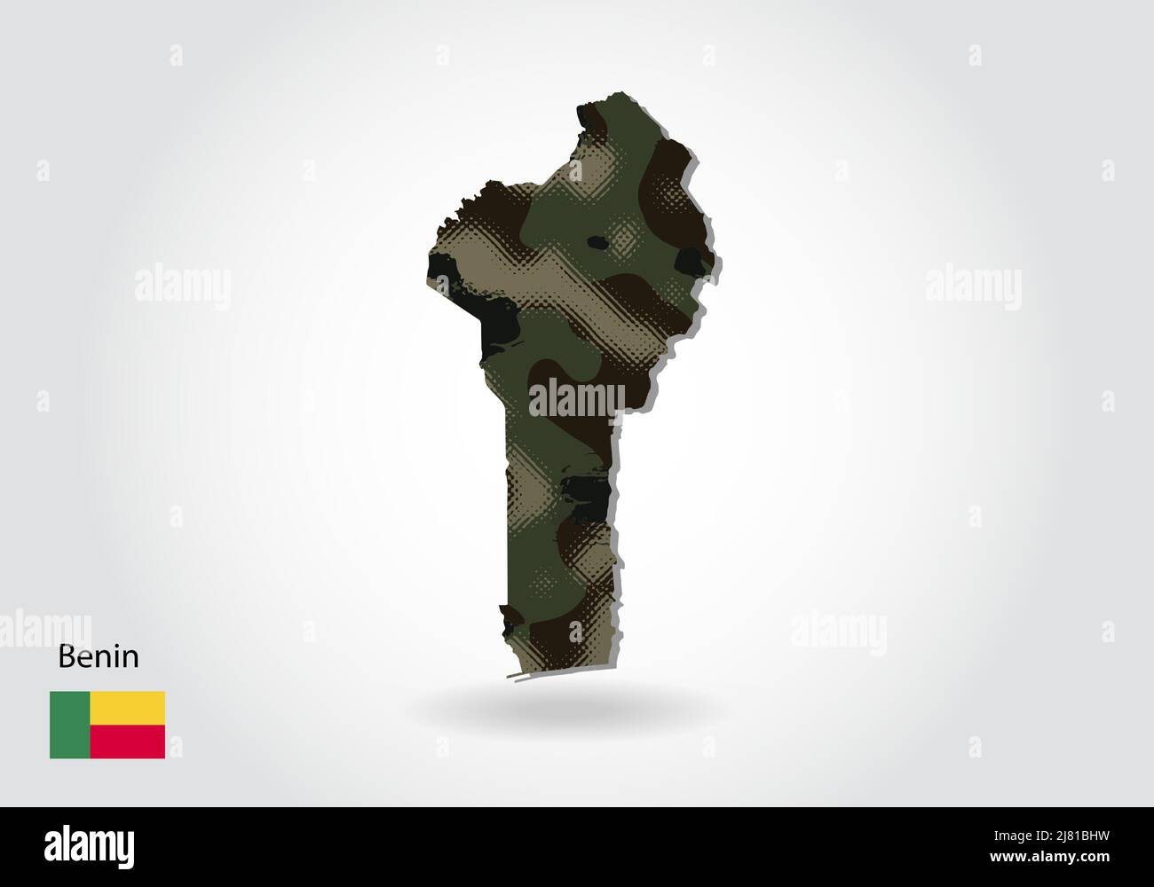 carte du bénin avec motif camouflage, texture forêt / vert dans la carte. Concept militaire pour l'armée, le soldat et la guerre. Armoiries, drapeau. Illustration de Vecteur