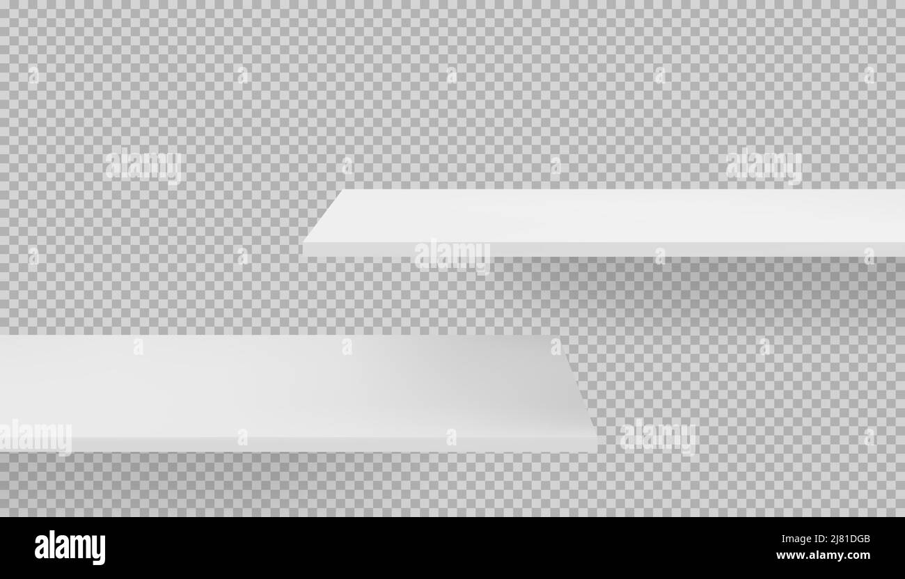 3D étagères vides en bois, longues, se masquant sur fond transparent avec ombres. Modèle d'organisation de la boutique de livres et de magazines pour le marchandisage a Illustration de Vecteur